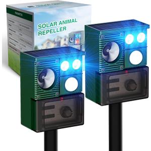 2 Packs Solar Animal Repeller Ultrasonic, Cat Repellent Outdoor with USB Recharging, Waterproof Ultrasonic Deer Repellent Motion Activated Repel Dog, Squirrel, Deer, Raccoon, Skunk, Rabbit