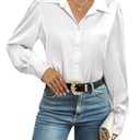 Zeagoo Silk Button Down Blouse for Women Cute Satin Shirt Puff Sleeve Tops Formal Work White M