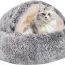 Round Hooded Cat Bed & Dog Bed with Cover Cave, Dog Bed for Small Dogs, Faux Fur Cuddler Round Coved Cat Bed Self Warming Donut Dog Bed Fits up to 12 lbs Pets (Gray, 20inch x 20inch)