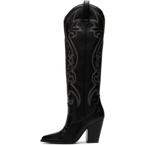 WIRALOMI Women Western Knee High Boots Embroidered Chunky Block Heel Cowboy Boots Pointed Toe Pull on Cowgirl Boots (10.5, Black)