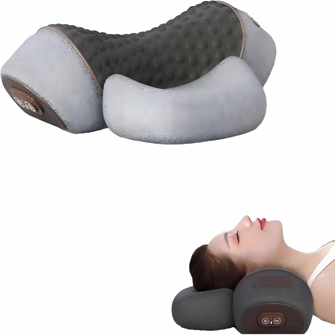 Heated Neck Massage Pillow 3-in-1 Memory Foam Cervical Pillow Ergonomic Neck Support Muscle Relaxation Pillow for Home Office Travel (Grey)