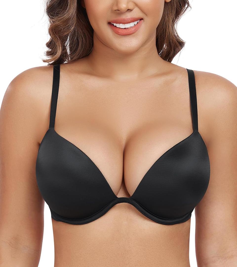 DotVol Women's Deep Plunge Push Up Low Cut Thick Padded Underwire Everyday Bra(Black, 38D)
