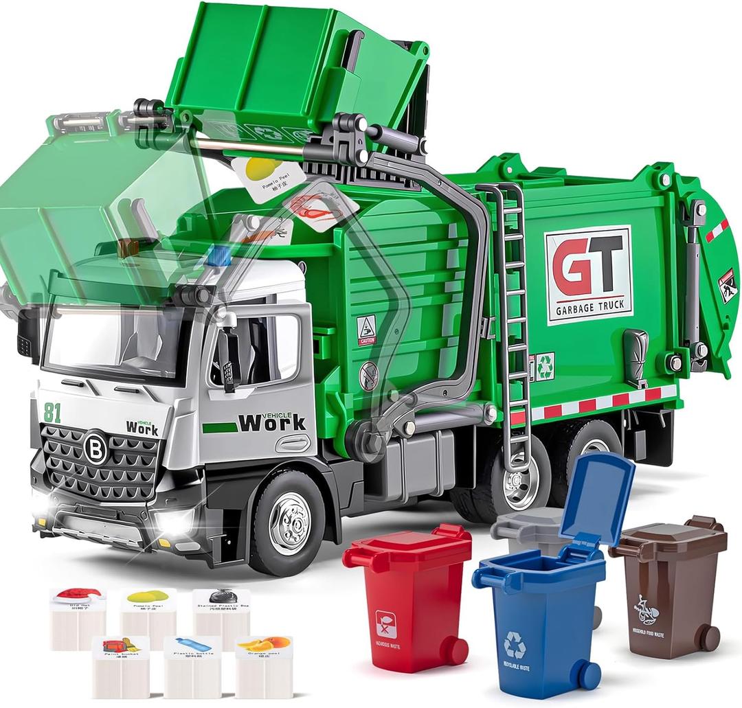 Garbage Truck Toys Metal Cab, Realistic Trash Truck Toys for Boys Kids with Lights and Sounds, Friction Powered Recycling Vehicles, Front Loader with Dumpster, 4 Trash Bins, 12"