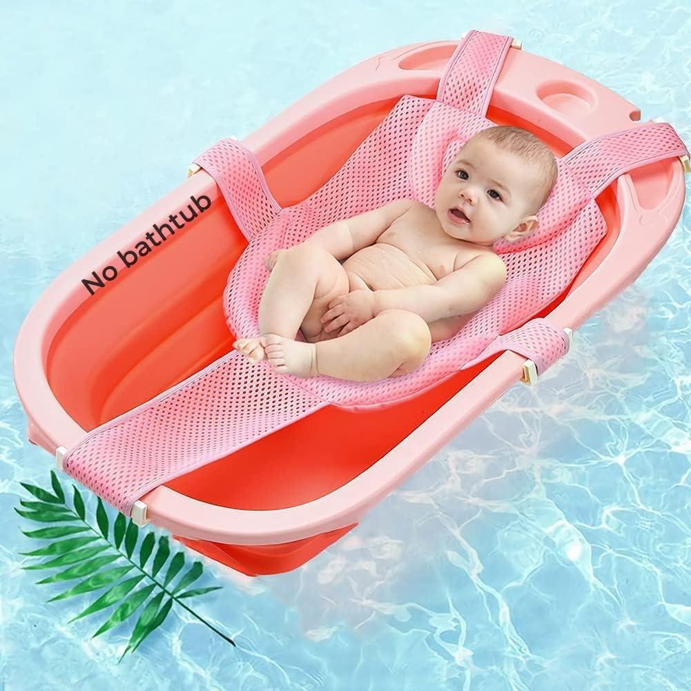 Baby Bath Seat Mat Infant Bathing Support Mat with Five Safety Support Corner Adjustable Antiskid Bath Net Cushion Baby Shower Net Pad Comfortable Baby Bathtub Sling (Pink)
