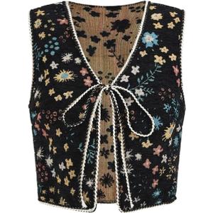 SweatyRocks Women's Floral Embroidered Tie Front Crop Vest Tops Boho Country Concert Cowgirl Western Outfits (Medium, Black)