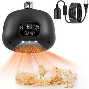 1 Pack Chicken Coop Heater 200W with Lighting and Temperature Control Chicken Heating Lamp with Digital Display 5Ft Cable Brooder Heater for Reptiles, Remote not Include