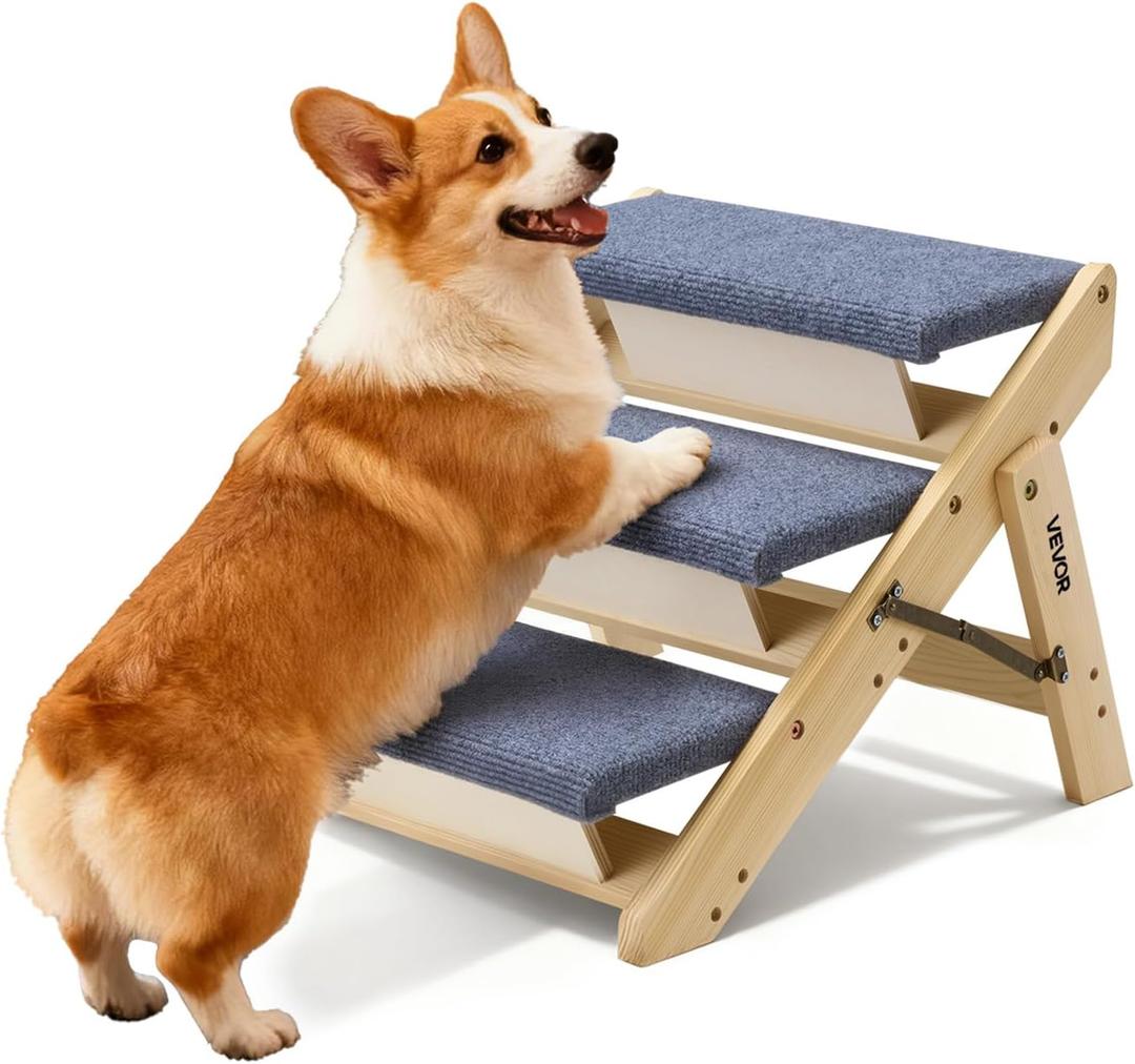 VEVOR Wood Pet Stairs, 3-Step Dog Stairs for Beds, Sofa & Cars, 150lbs Load Capacity, Floded Flat Design, Stable & Sturdy Cat & Dog Step Ladder for Small Medium Large Older Pet Puppy Essentials