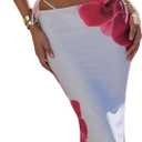 Verdusa Women's 3 Piece Floral Print Bikini Sets Swimsuit with Mesh Maxi Skirt (White and Red, Small)