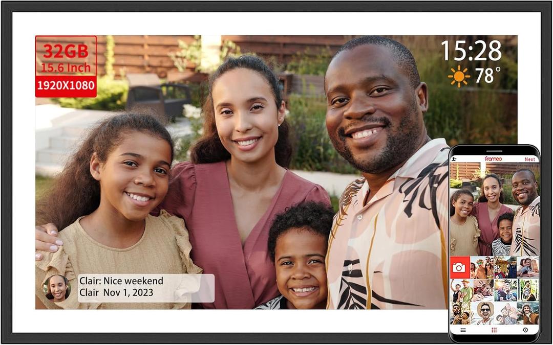 Frameo 15.6 Inch Large Digital Picture Frame WiFi Electronic Smart Digital Photo Frame 32GB 1920 * 1080 IPS Touch Screen Wall Mountable Auto-Rotate iOS Android Easy Setup to Photo or Video Best Gift