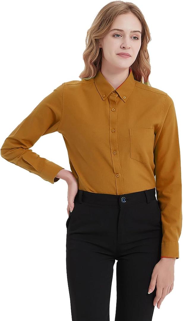 MGWDT Button Down Shirt Women Long Sleeve Blouse Oxford Shirt Classic-Fit Cotton Tops Wrinkle Resistant (2XS-3XL) (Brown 23)