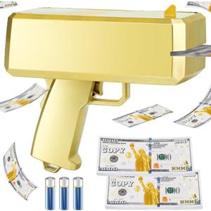 Gold Money Gun Shooter and 201 PCS Props (No Real Function) 3 AA Batteries, Money Gun That Shoot Money, Make It Rain Money Thrower Gun Handheld Fake Gun Toy Party Supplies