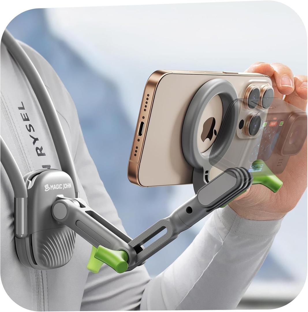 MAGIC JOHN Magnetic Neck Mount for Phones/Action Camera, Neck Cell Phone Holder POV/Vlog Selfie Mount Chest Stand Strap Video Recording for iPhone Samsung Phones AKASO/Go Pro/Insta360X5/DJI360 Camera (Green)