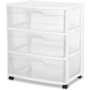 Plastic Storage Drawer Cart, Medium Home Organization Storage Container with 3 Large Clear Drawers With Wheels (WHITE)