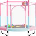 60" Trampoline for Kids, 5 FT Indoor & Outdoor Toddler Baby Trampoline with Basketball Hoop, Safety Enclosure, Birthday Gifts for Kids, Gifts for Boy and Girl, Age 3-8 (Pink/Blue)