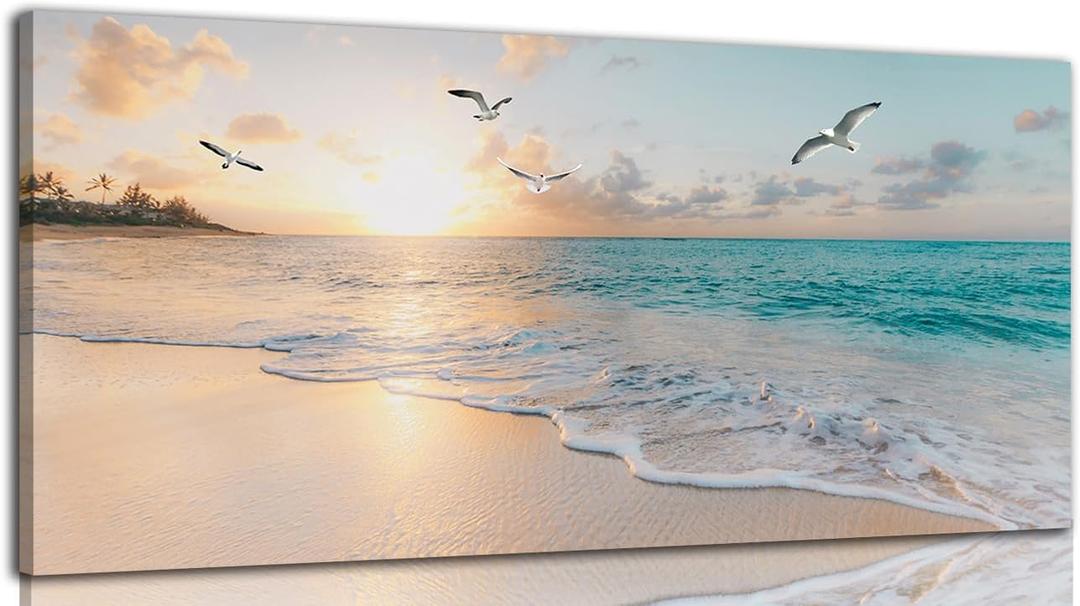 Beach Wall Art Pictures for Living Room Ocean Canvas Wall Art Decor Beach Scene Painting for Bedroom Blue Seascape Theme Art Print for Home Office Decoration Ready to Hang(24"×48")