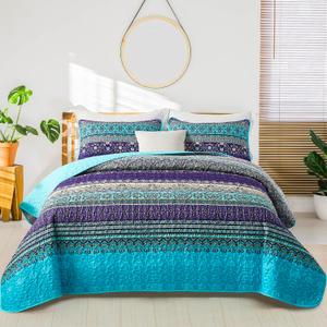 WONGS BEDDING Boho Quilt King Size, Blue Purple Bohemian King Quilt, Lightweight Microfiber Bed Decor Bedspread for All Season 103"x90"(3 Pieces)