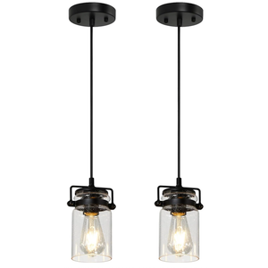 Industrial Pendant Lighting Fixtures, Hanging Pendant Lights with Seeded Glass Shade, 2 Pack Black Ceiling Light Fixture Adjustable Farmhouse Pendant Light for Kitchen Island Dining Room (Black-Seeded glass)