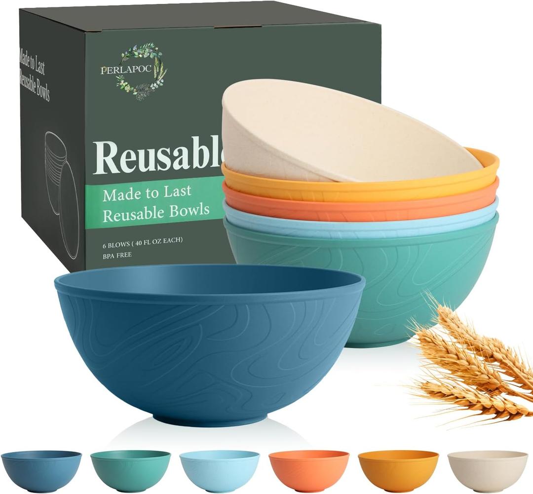 Unbreakable Large Cereal Bowls 40 OZ, Wheat Straw Bowls Set of 6, Alternative Plastic Bowls for Kitchen, Outdoors, Microwave & Dishwasher Safe Bowl Set for Salad, Cereal, Soup, Ramen, Multi