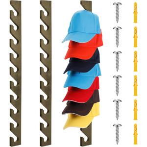 BBTO 3 Pack Wooden Hat Rack for Baseball Cap Wall Mount Hat Racks 30 Slot Vertical Baseball Cap Display Holder with 10 Hooks Organizer Wood Hanger for Door Entry Room Bedroom (Gray)