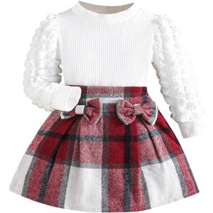Noubeau Toddler Girls Plaid Outfits Girls Puff Sleeve Knit Ribbed Shirt Tops Plaid Skirt Set Kids Fall Winter Clothes (4T)