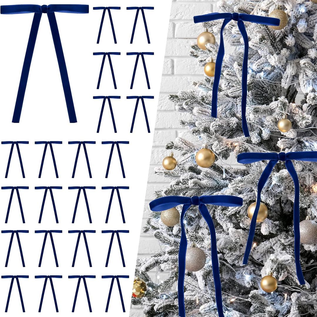 40Pcs Velvet Ribbon Bows, 5x7 Inch Pre-Tied Bows Christmas Ornaments for Xmas Tree, Garland, Wreath, Gift and Holiday Home Dcor (5 x 7 Inch, Width of 3/8",Navy Blue)