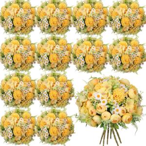 Tigeen 12 Bundles Peonies Artificial Flowers Faux Roses Silk Flowers Hydrangea Artificial Bouquet for Wedding Table Centerpiece Floral Vase Home Office Bridal Decor (Light Yellow)