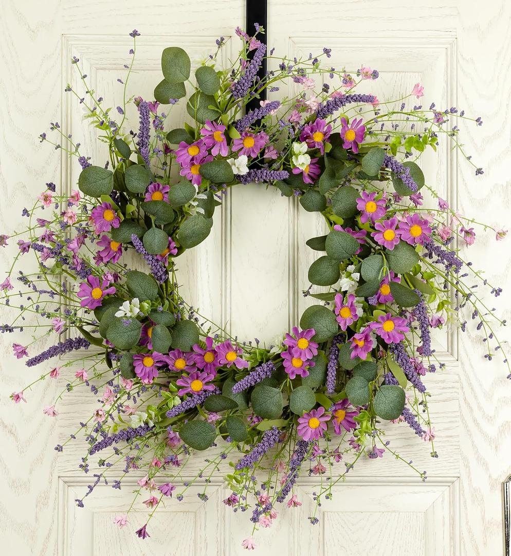 26" Spring Summer Wreaths for Front Door, Artificial Green Eucalyptus Lavender Purple Daisies Wildflower Berries Handmade Floral Year Round Indoor Outdoor Porch Home Decor