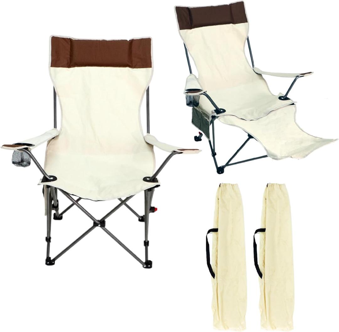 2 Pack Camping Chairs, Folding Camping Chair with Detachable Footrest and Retractable Seat for Fishing, Beach, Picnics, Outdoor (White)