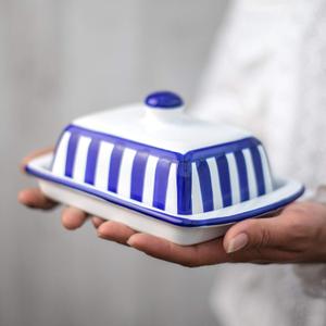 City to Cottage Large Butter Dish with Lid for Countertop, Ceramic Butter Keeper, Butter Container with Knob Handle, Butter Holder Tray with Cover, Handcrafted Navy Blue Stripe Coastal Butter Dish