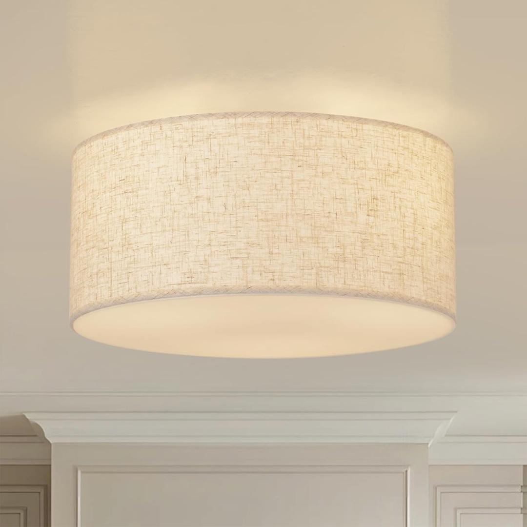 Vexagyle 13inch Semi Flush Mount Ceiling Light Fixture,3-Light Ceiling Mount Drum Light Fixture with Linen Shade,Modern Close to Ceiling Lamps for Living Room, Bedroom, Dining Room,Hallway