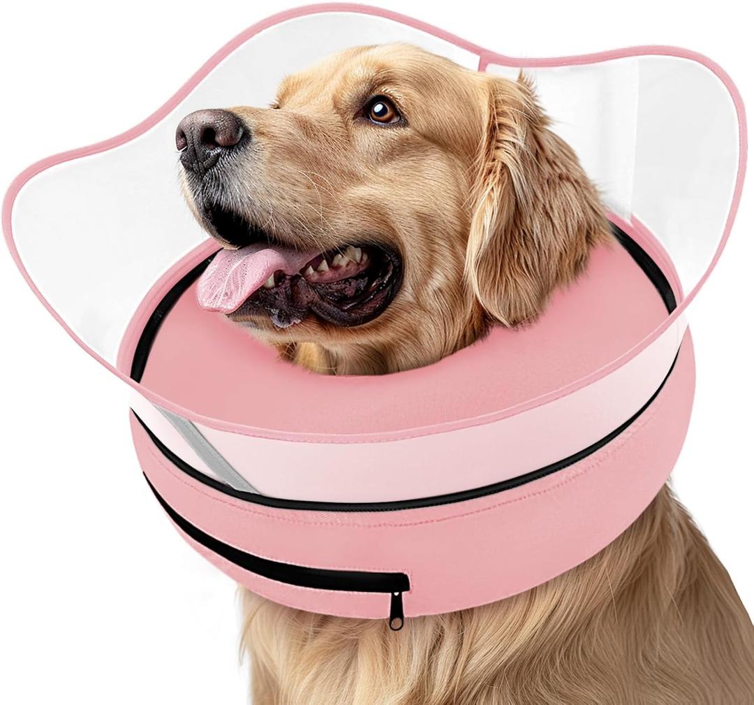 Supet Raised Inflatable Dog Cone Collar to Stop Licking, Soft Dog Cone Alternative After Surgery, Pet Neck Donut Collar for Dogs (XL(Neck 14"-18"), Solid Pink)