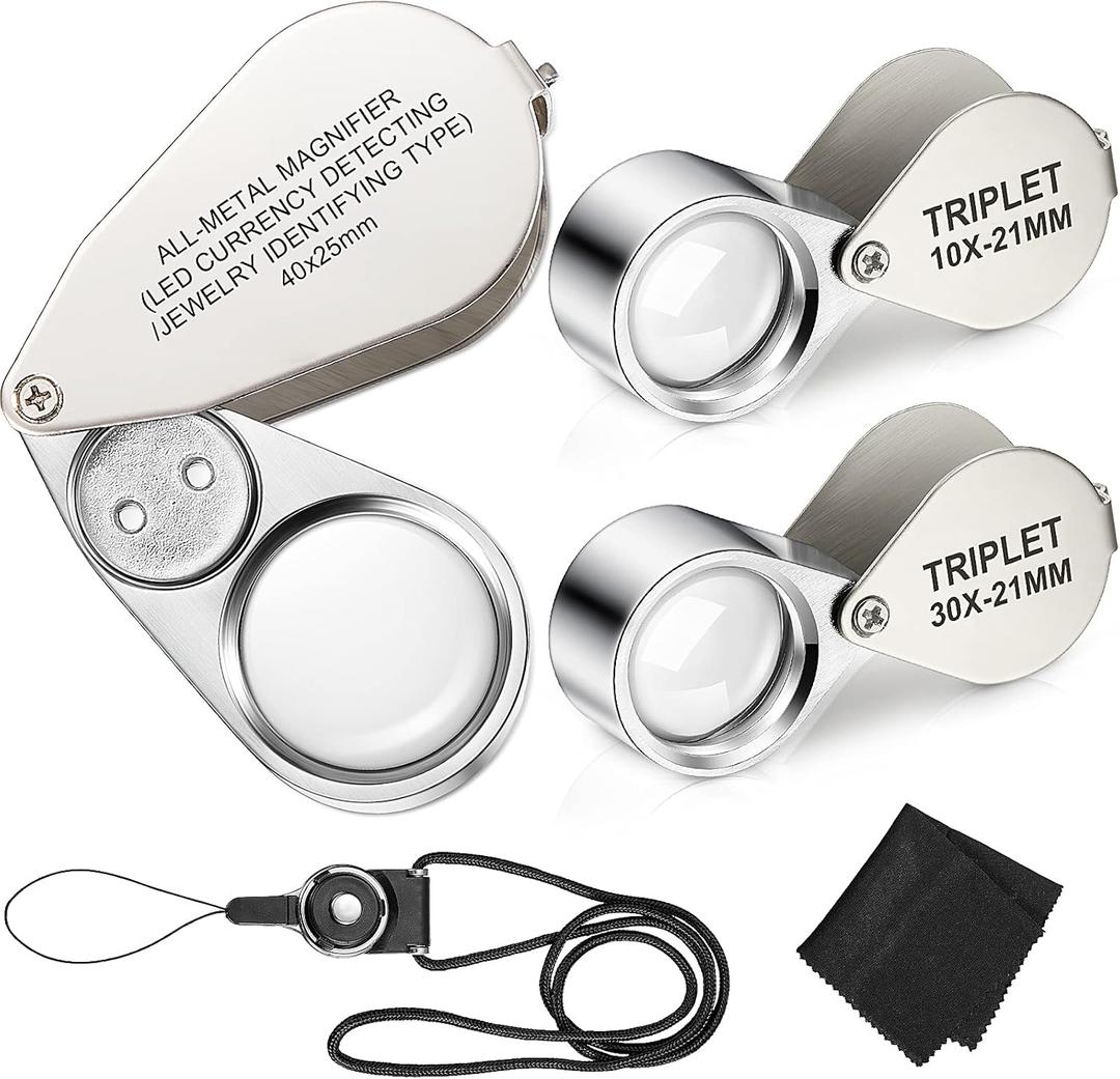 3 Pieces Illuminated Jewelry Loop Magnifier 10X 30X 40X Magnifier Loupe Jewelers Eye Loupe with Adjustable Lanyard and Wiping Cloth LED/UV Pocket Magnifying Glass for Close Work Rock Collecting