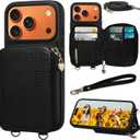 Keallce Case for iPhone 17 Pro 6.3'' Case Wallet, Crossbody Zipper Purse with RFID Blocking Card Slots Kickstand, Lanyard & Handstrap Flip Folio Leather Phone Cover for iPhone 17 Pro, Black