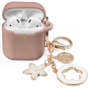 OLEBAND Case Fit for Airpod 1st/2nd Generation with Cute Bling Keychain,iPods Silione Cover Compatible for Apple Air pod/iPod 2 and 1 Gen Case,LED Visible,for Women and Girls,Milk Tea