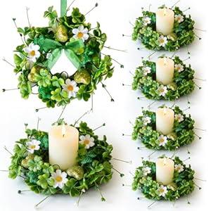 6 Pcs St. Patrick's Day Small Candle Rings Wreaths Mini Pillar Candle Holder Wreath with Green Shamrock Clovers and Daisy Artificial Wreath for Home Kitchen Table Centerpieces Front Door Window Porch