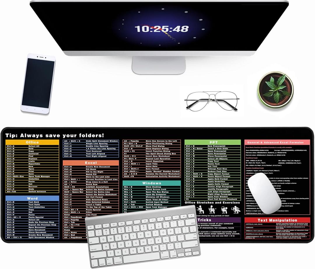 Excel Cheat Sheet Desk Pad, 31.5"x11.8", Waterproof Extra Large Excel Shortcut Mat with Stitched Edges, Anti-Slip Excel Mouse Pad for Office Desk, MS Excel/Word Shortcuts (Color Shortcut)