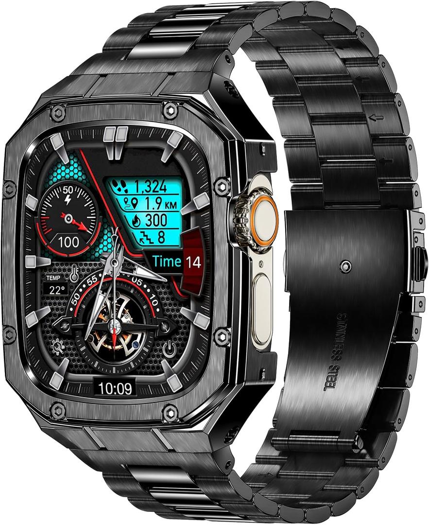 Stainless Steel Watch Band with Case Compatible with Apple Watch band Ultra 3 2 1 49mm, Rugged Strap with Metal Protective Bumper Cover for iWatch Bands Men (Black)