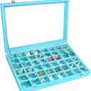 Velvet Jewelry Tray 48 Grid Jewelry Display Tray Organizer Box with Transparent Lid Rings Earrings Necklaces Pendants Display Box Suitable for Women and Girls (Light Blue)
