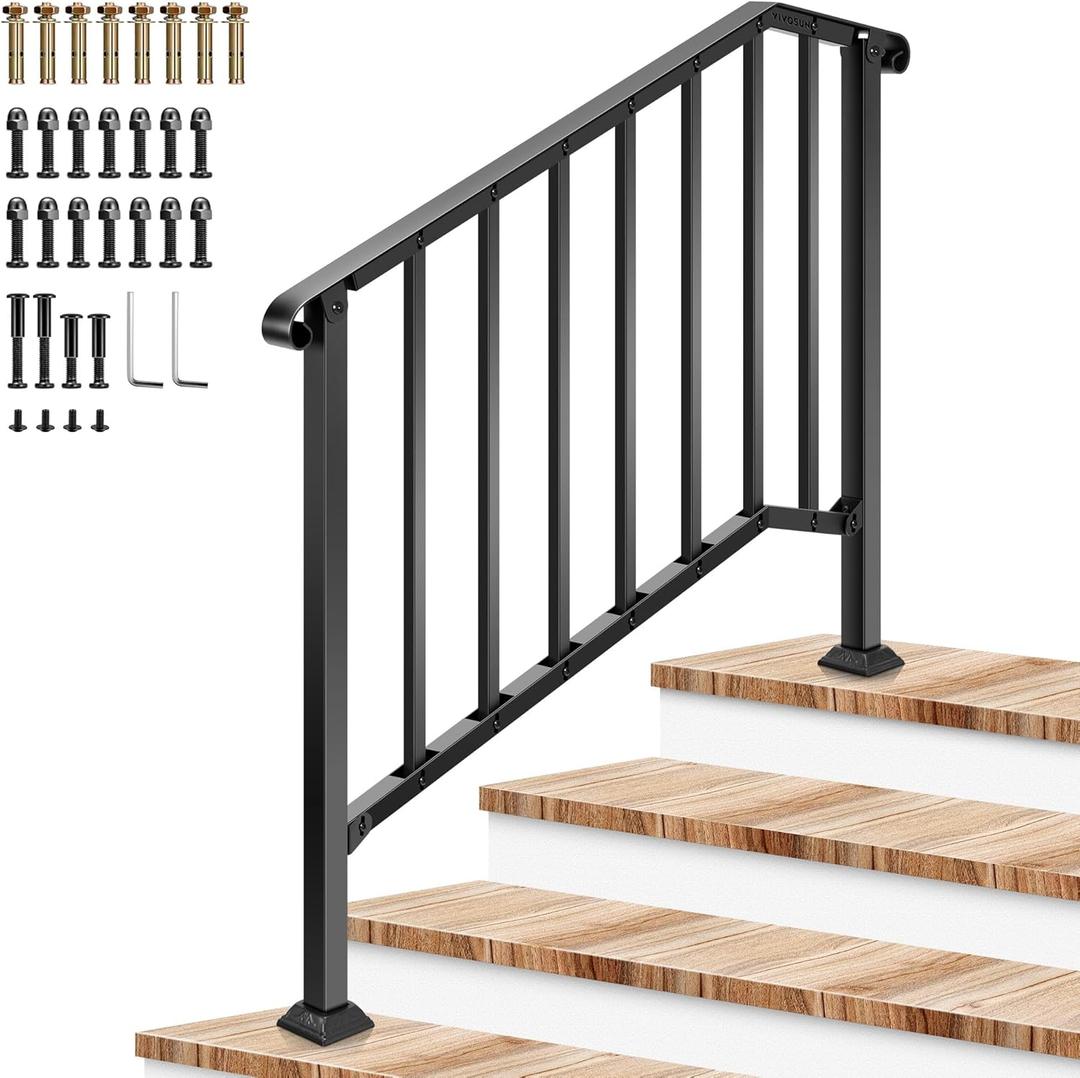 VIVOSUN Outdoor Handrail, 4 Step Stair Handrail, 54" x 36" Fits 1 to 4 Steps, Wrought Mattle Iron Stair Railing with Curved Ends and Balusters for Concrete Steps, Porch Steps, One-Step Assembly, Black