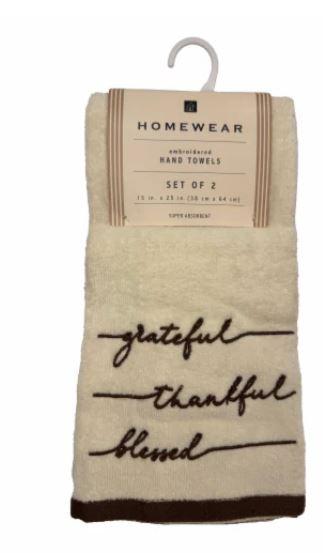 Homewear Embroidered Hand Towels - Grateful Thankful Blessed