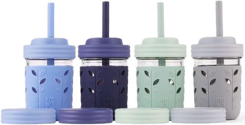 Elk and Friends Kids + Toddler Glass Cups | The Original 8oz Glass Mason Jar with Sleeves + Lids | Silicone Straws + Stopper | Smoothie Cup | Food Storage | Spill Resistant | Dishwasher Safe | 4 Pack (Gray/Sage/MistyBlue/Navy)
