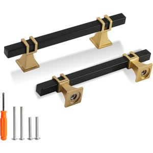 Cabinet Pulls Matte Black and Gold Cabinet Handles, 10 Pack 3-3/4 Inch Kitchen Door Cupboard Wardrobe Drawer Handles, Cabinet Hardware Bar Drawer Pulls, 96mm Hole Centers