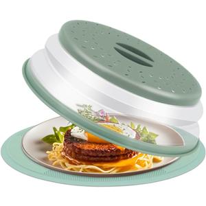 2 in 1 Silicone Microwave Splatter Cover Food, Microwave Mat Place Holders for Multi-use, Silicone Trivet, Pot Holders, Drying, Baking, Utensils Rest for Kitchen Counter Mat, Grey (Light Green (Mat With Cover))