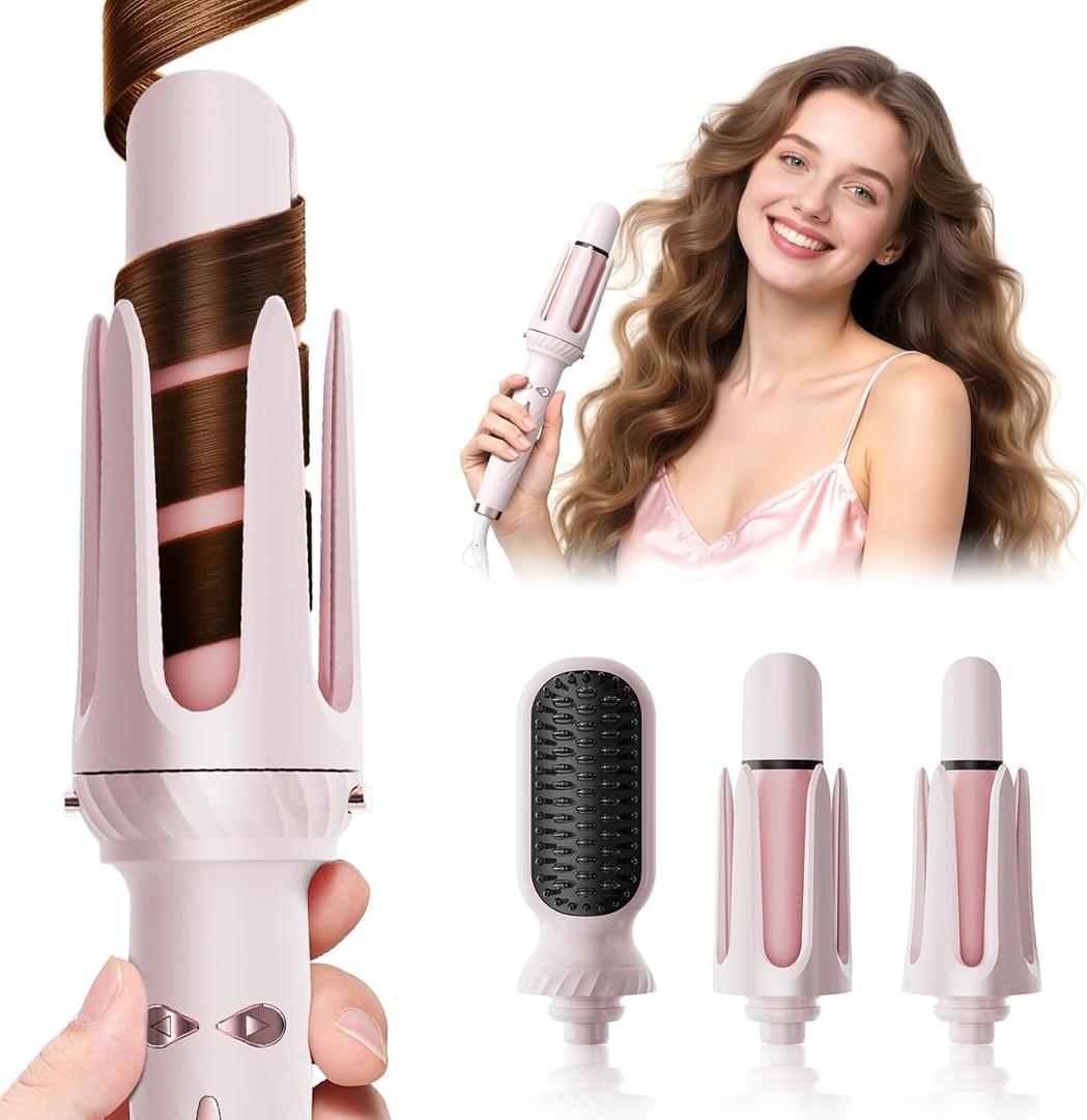 Automatic Curling Iron, Beach Wave Curling Wand, Portable Rotating Curler, Dual Voltage, Lightweight and Portable, Ceramic Coated, Straightening Brush, 1inch and 1.25 inch 3-in-1, Pink