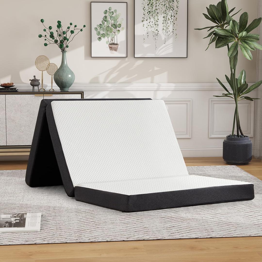 wOod-it Folding Mattress, 4 inch Tri-Fold Memory Foam Mattress Topper for Camping, Foldable Guest Bed, Portable Travel Mat with Washable Cover, 75"25"4", White (Small Single)