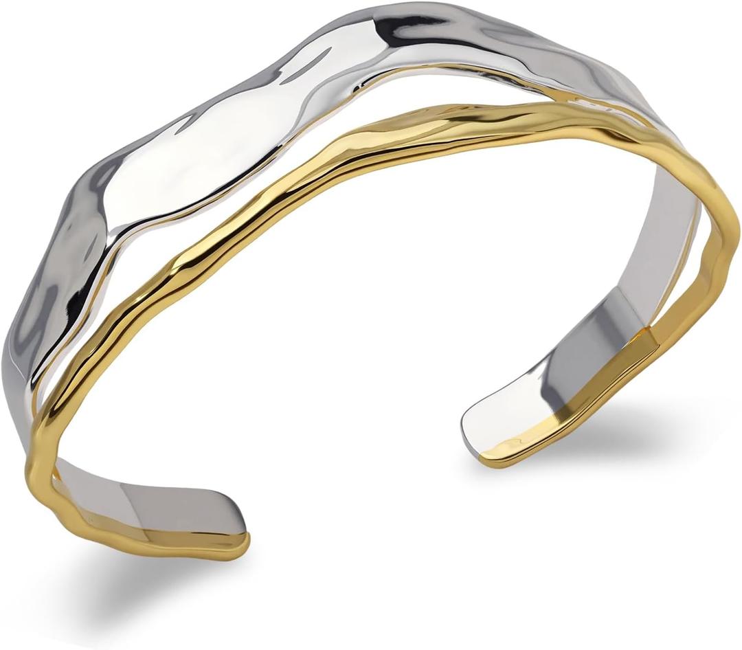 Chunky Gold and Silver Cuff Bracelets Sterling Silver Two Tone Open Bangles Double Layer Irregular Wave Hammered Texture Bracelet for Women