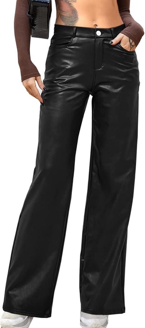 Women Faux Leather Pants PU High Waist Straight Leg Pants with Pockets Leather Leggings Bell Bottom Flare Pants, L