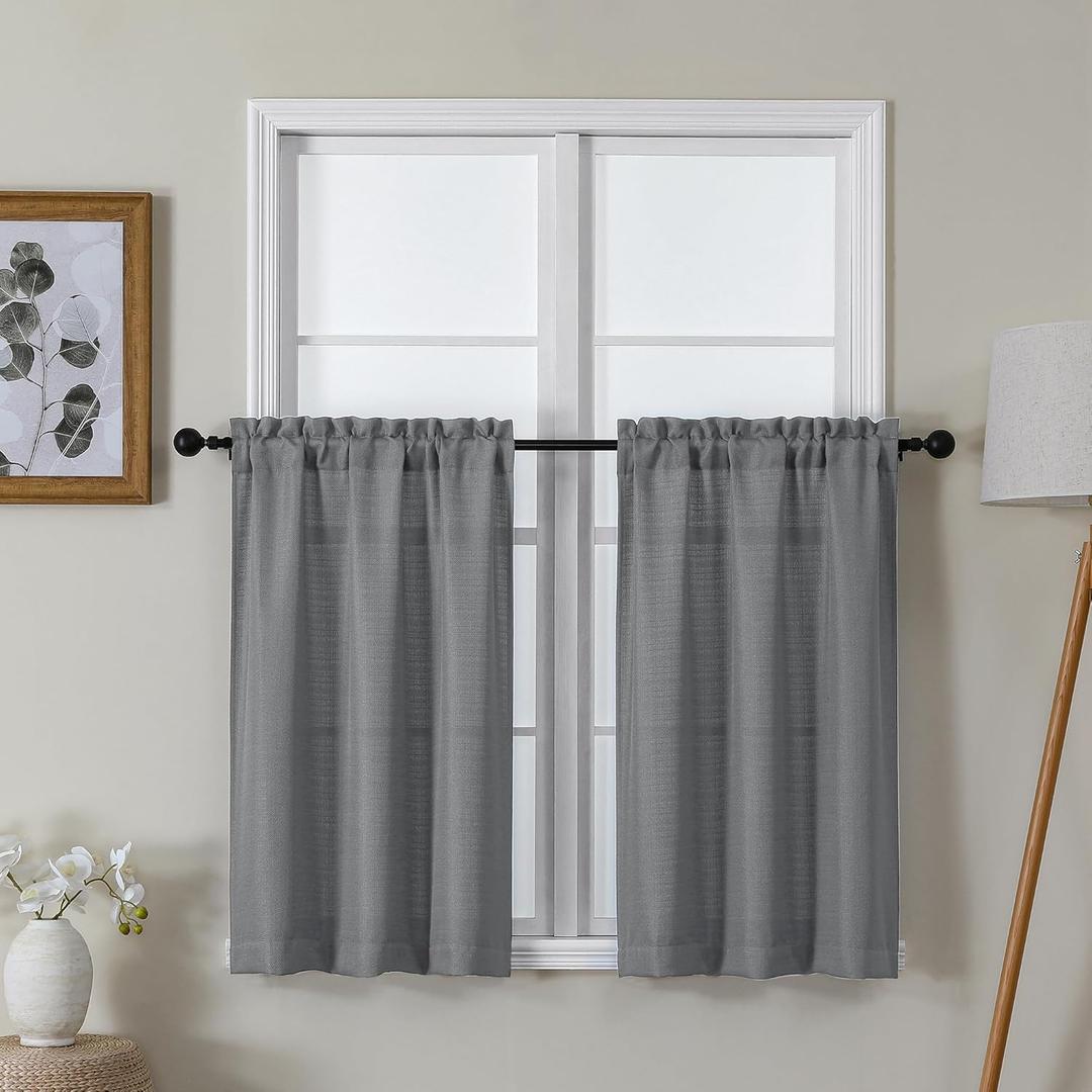 Lecloud Bessie Dark Grey Kitchen Curtains 36 Inch Length 2 Panels Set, Faux Linen Textured Curtain Tiers, Light-Filtering Window Short Curtains for Basement Dining Room, Each 30 W x 36 L