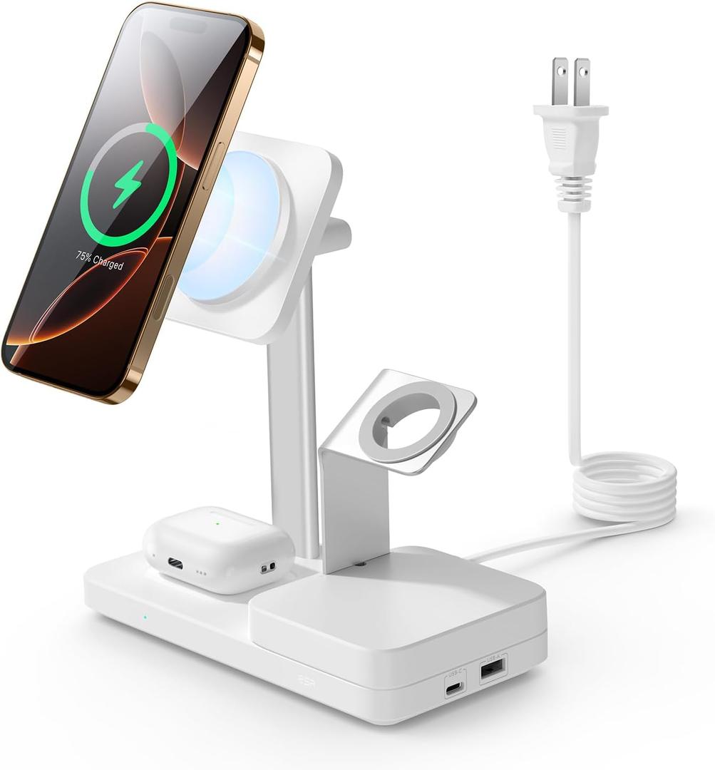 ESR 65W 4-in-1 GaN Wireless Charging Station(5-in-1 Stand), Designed for MagSafe Charger Stand, Magnetic Wireless Charger for iPhone 17/16/15/14/13, AirPods Pro/3/2, and USB A/C Devices, White