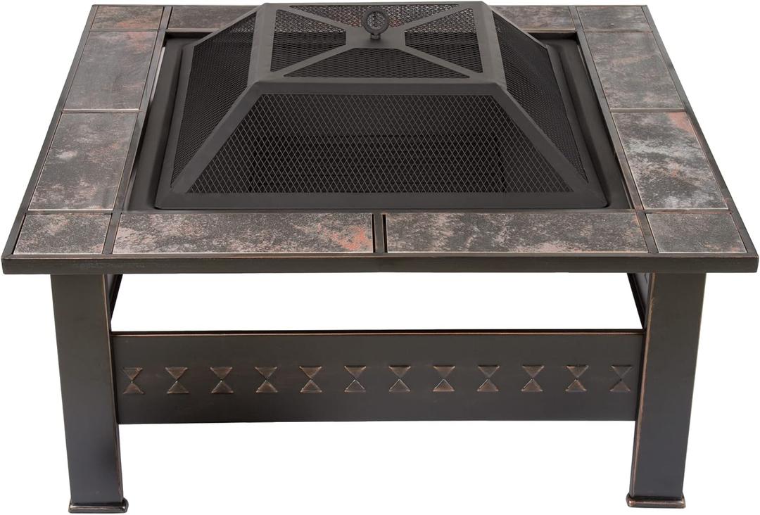 Fire Pit - 32-Inch Outdoor Firepit Table with Screen, Cover, and Poker - Outdoor Fire Pits for Backyard, Deck, Patio, or Porch by Pure Garden (Bronze)